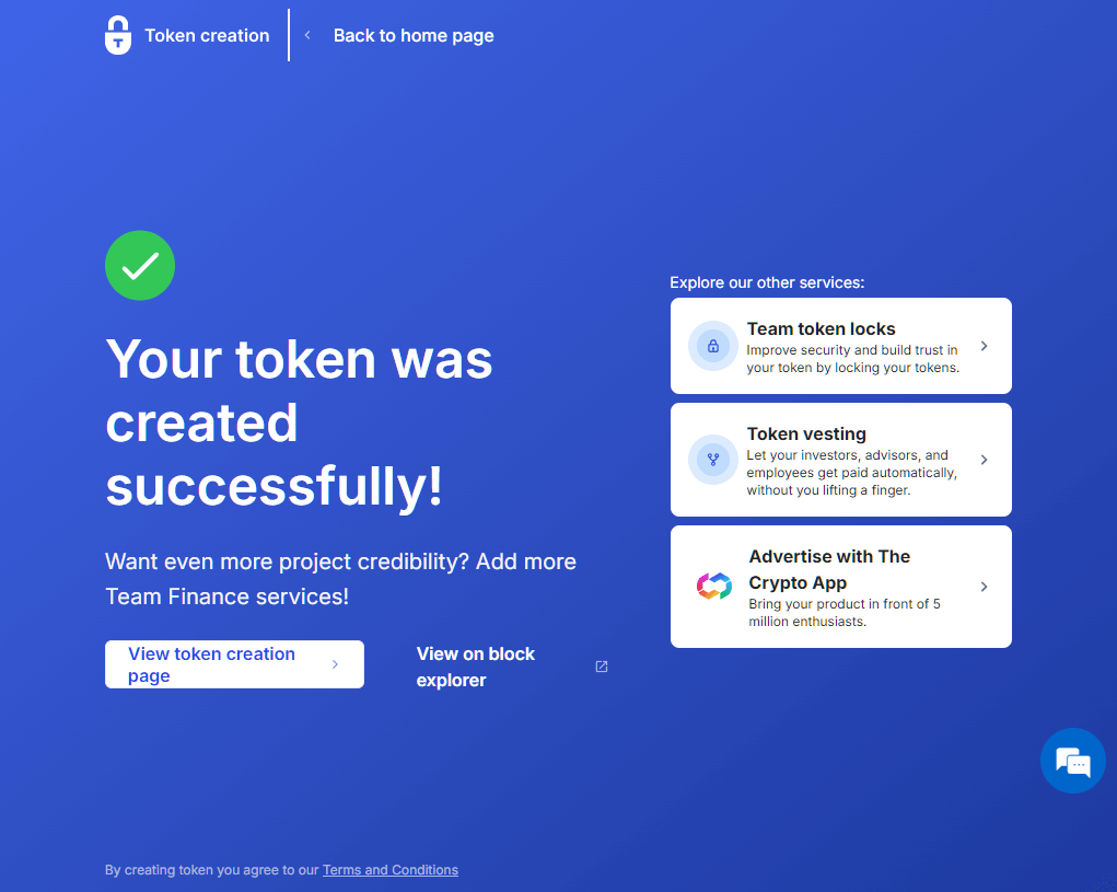 Team Token Locks, Token Vesting and Advertise with a Crypto App options