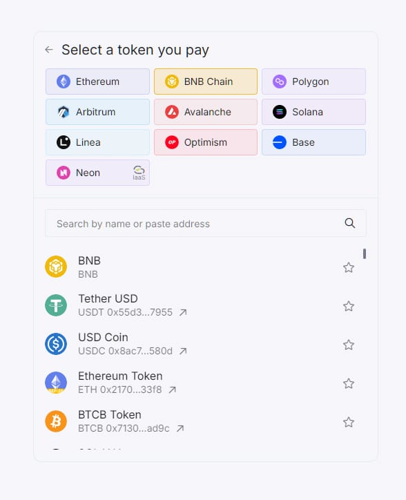 Eth, BnB, Polygon, Arbitrum, Avax, Solana, Linea, Optimism, Base and Neon Chains Supported