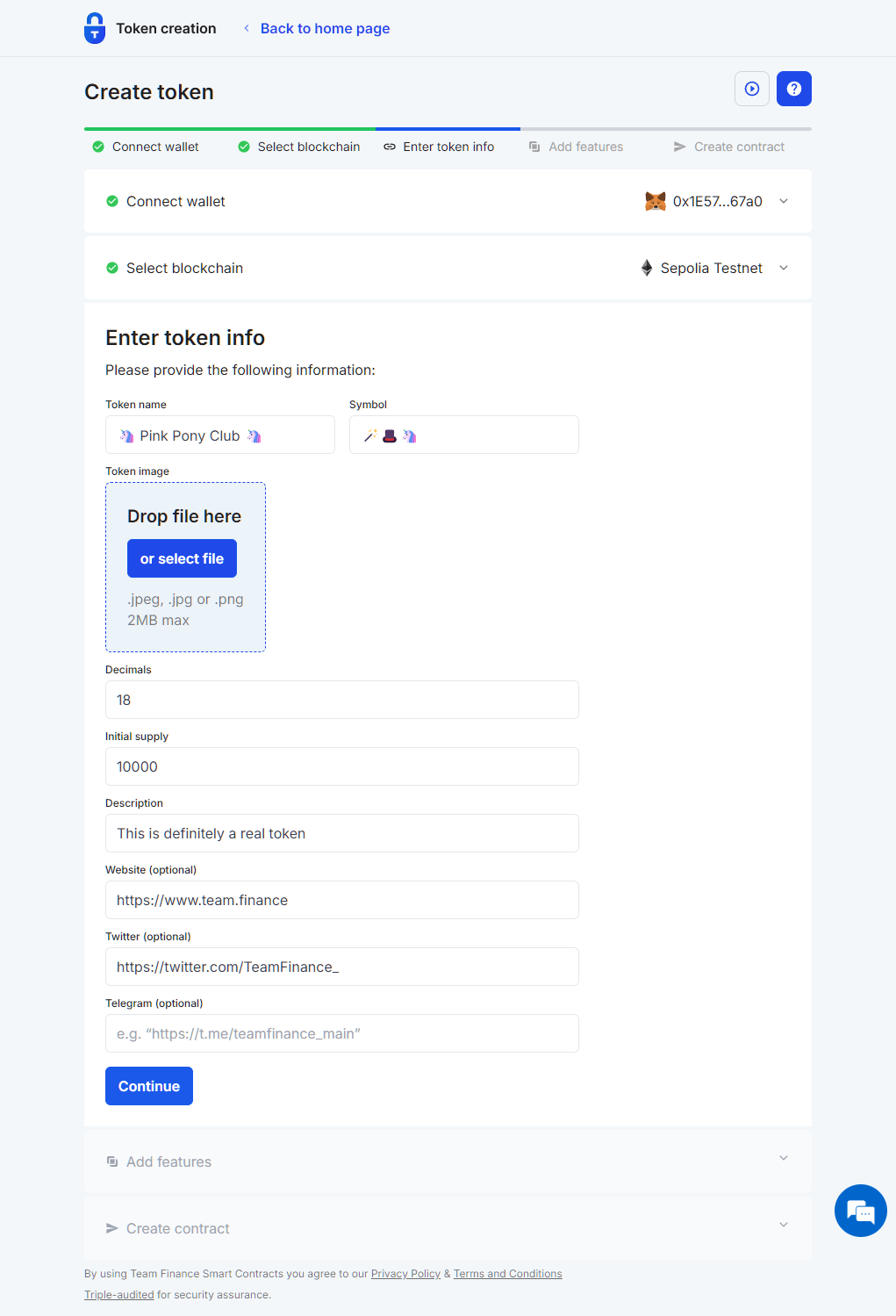 Token name, supply, decimals and more during the create a token wizard