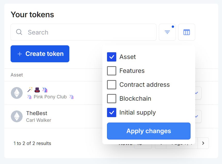 Filtering, sorting, and search for tokens