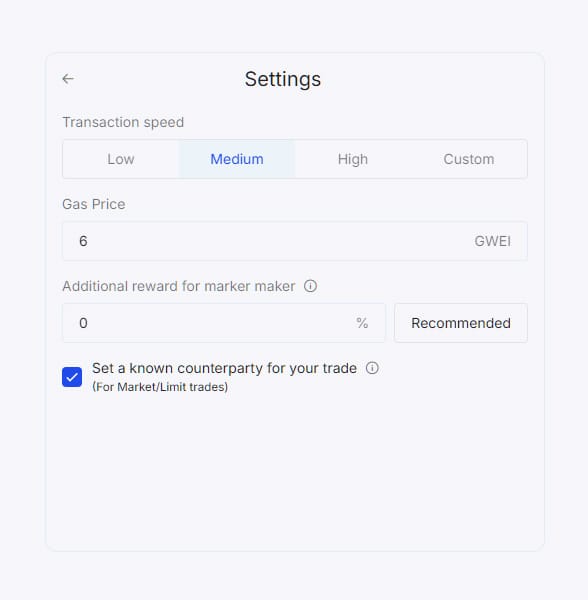 Bridging settings like Gas and Transaction Speed