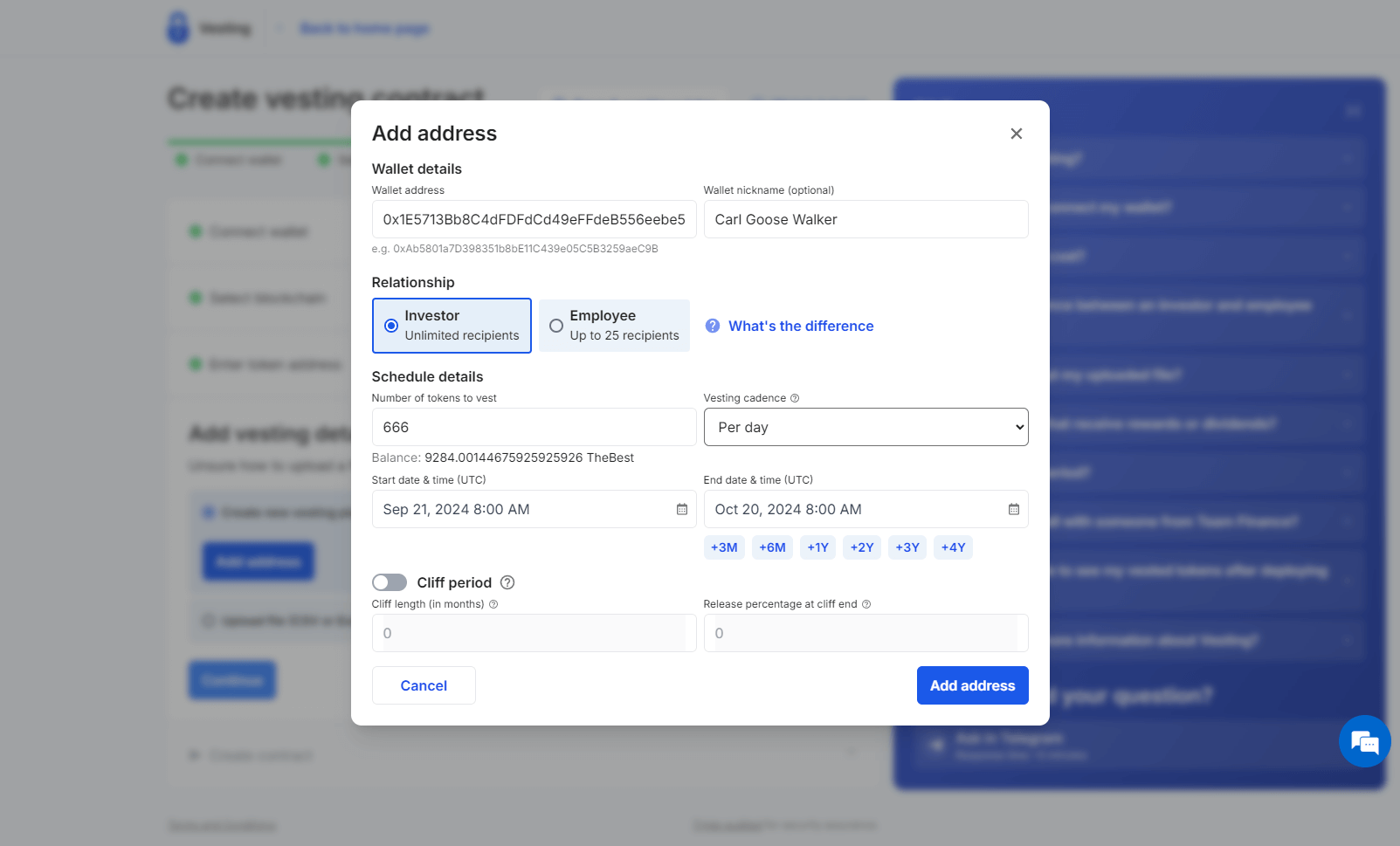 Options for token vesting