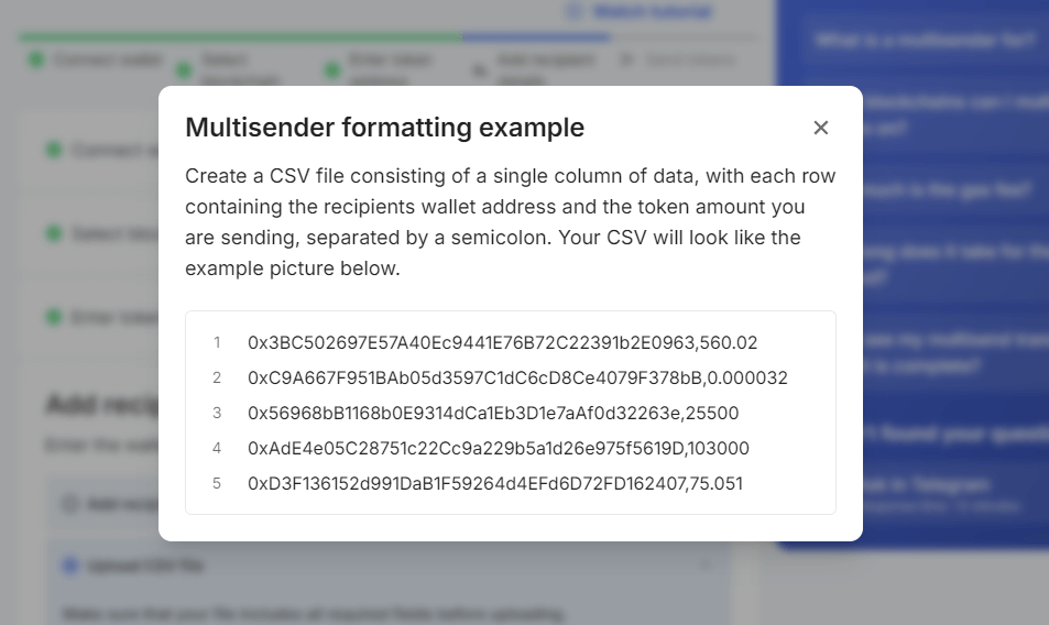 How to send multiple tokens to recipients by csv