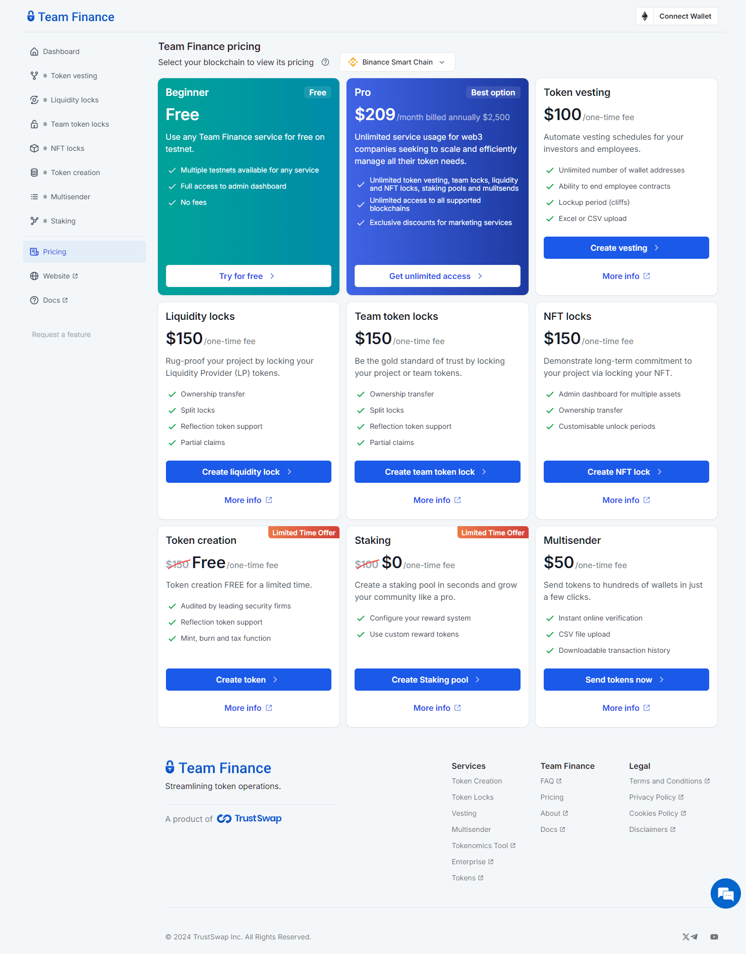 Pricing Page for BSC token services