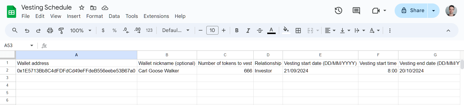 Google Sheets CSV for vesting