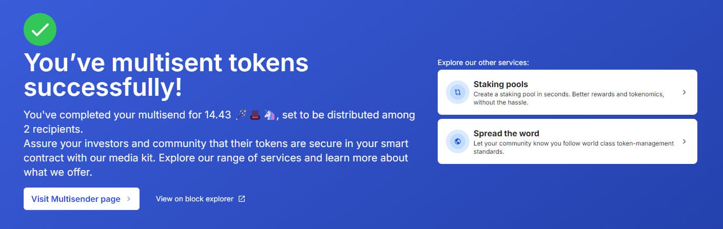 Successfully multisent tokens message