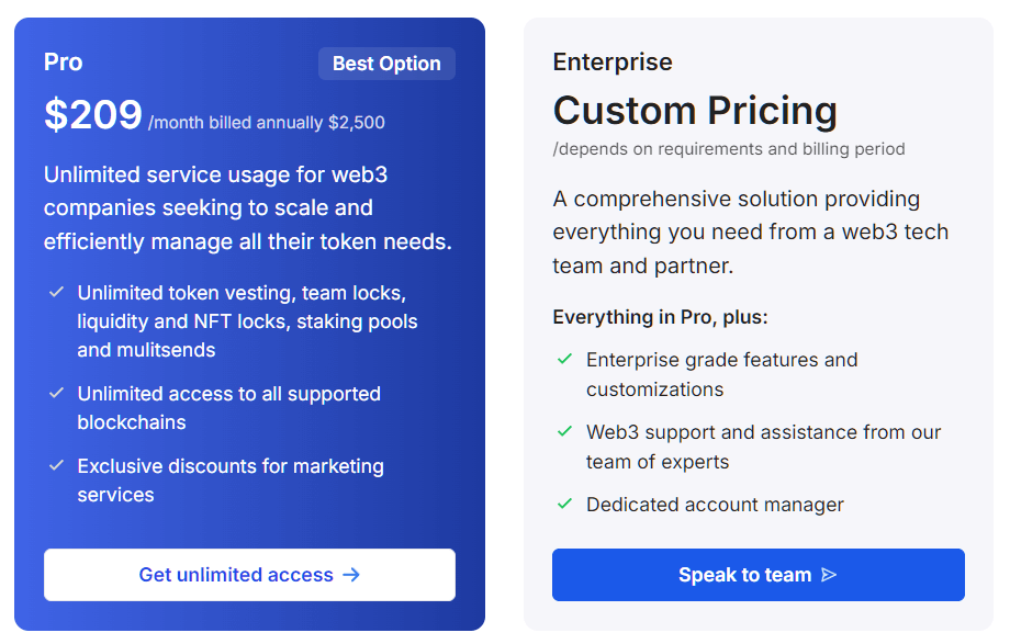 Custom, Enterprise and Pro pricing fees