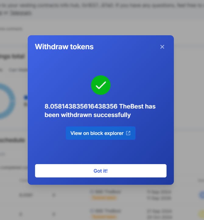 Withdraw tokens option in the app