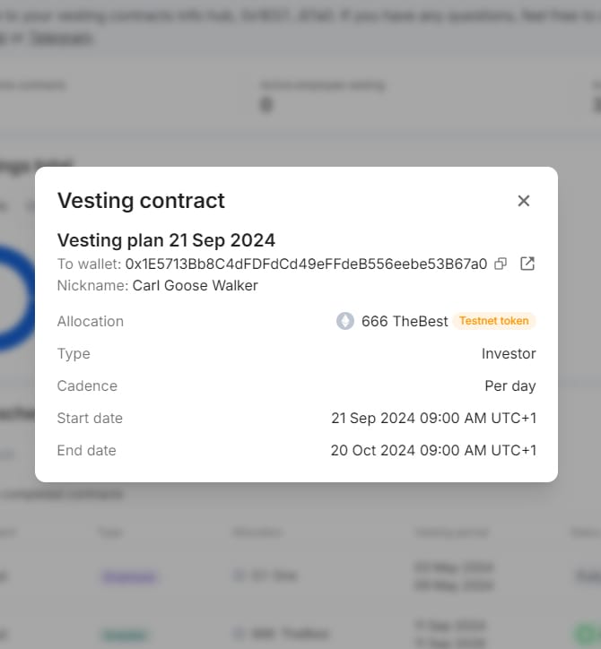 Vesting Contract details modal with cadence, start and end dates