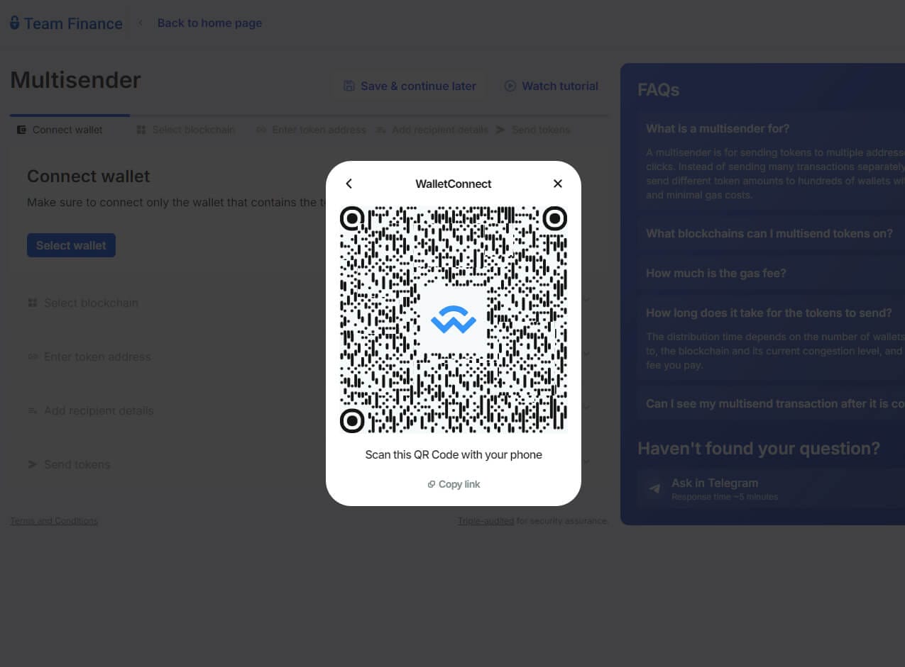 WalletConnect and QRCode for Multisender