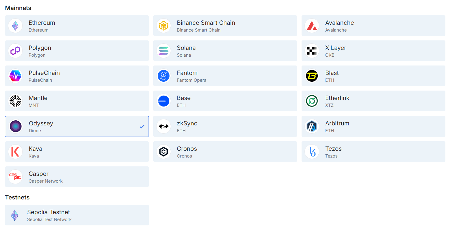 List of blockchains available, including Odyssey